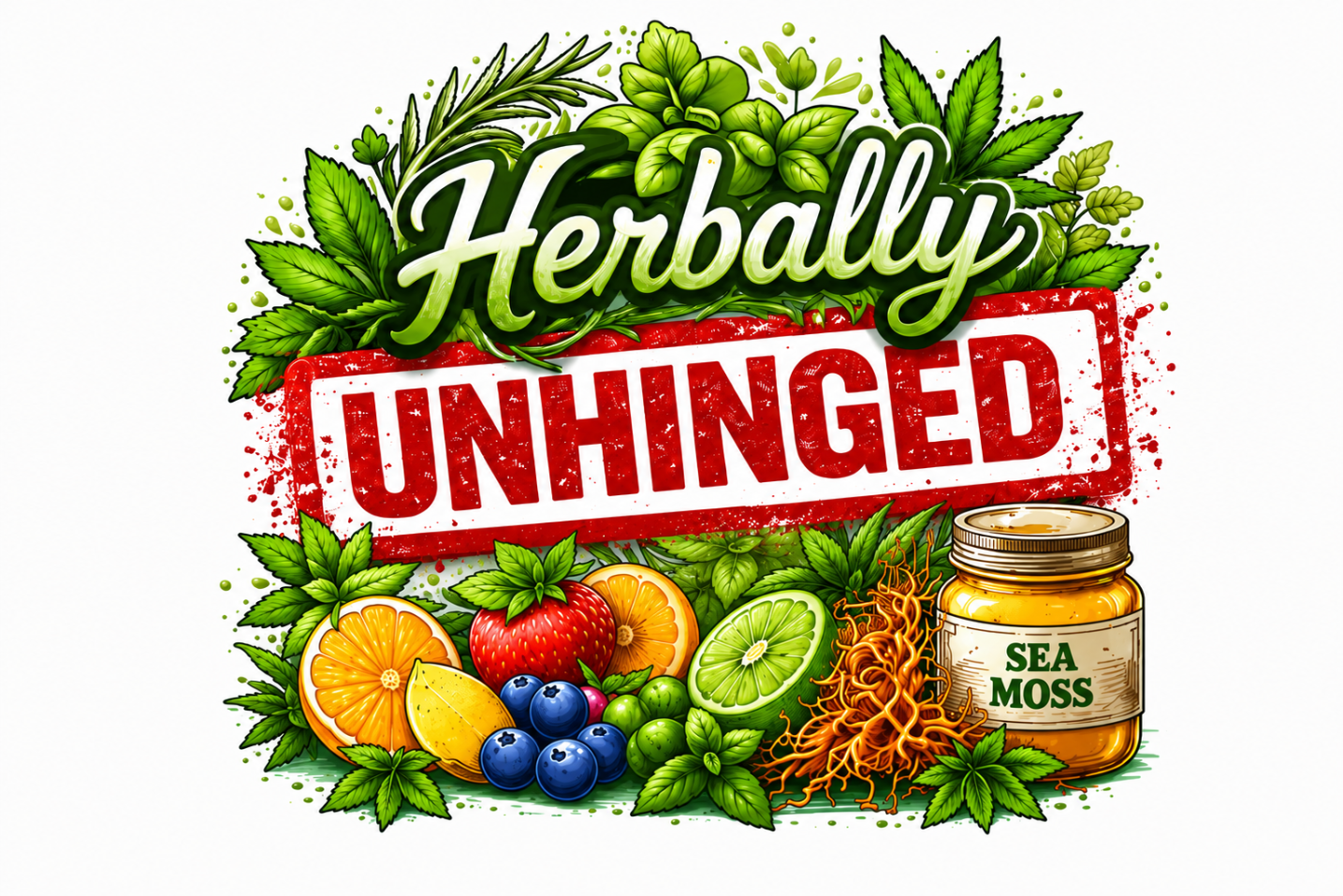 Logo for 'Herbally Unhinged' with sea moss jar and fresh fruits and vegetables on a white background